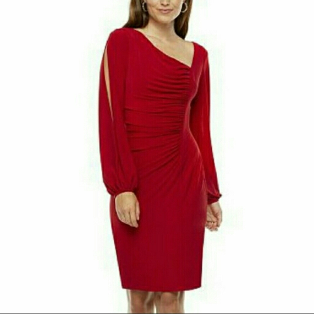 CHAPS Med RED STRETCH DRESS OPEN ARM SLIT LONG SLEEVE women asymetrical neckline - Picture 2 of 7